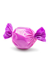 Candy in shiny purple wrapper isolated on white background