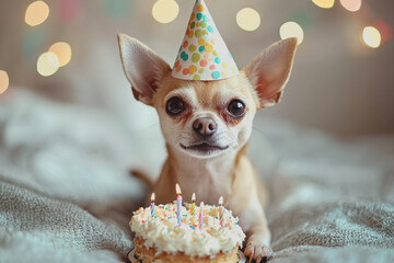 Chihuahua dog wearing birthday hat next to colorful cupcake on a festive table setting