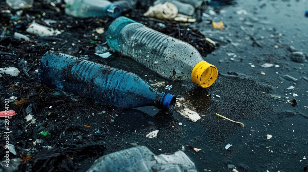 Poster a close-up of plastic bottles and trash left in tide pools at a beach, showcasing environmental dama