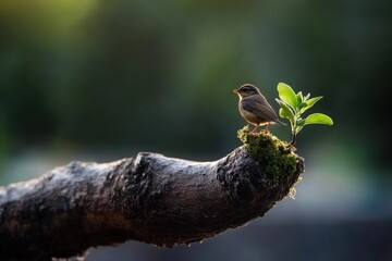 Obraz premium A tree branch supporting a small bird perched on its end, creating a symbol of natural support. 
