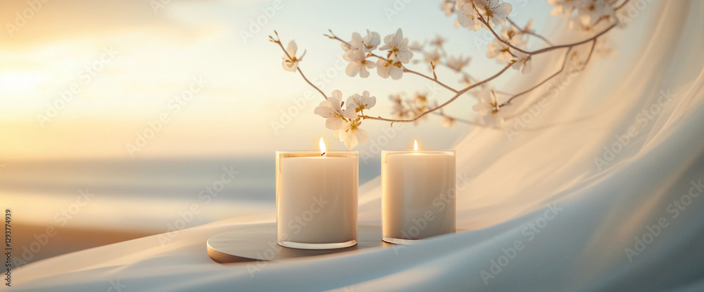 Poster two lit white candles placed on a soft fabric with a delicate cherry blossom branch, creating a peac