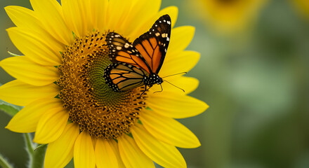 "A detailed image of a monarch butterfly on a bright yellow sunflower."