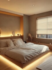 A luxurious bedroom with simple design and warm lighting
