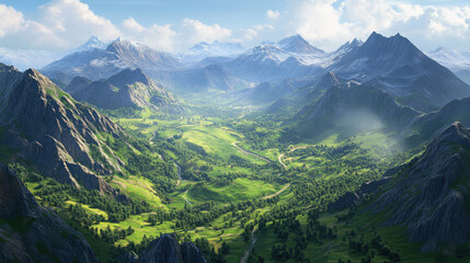 Fototapeta premium A magnificent mountain scene with deep green valleys,
