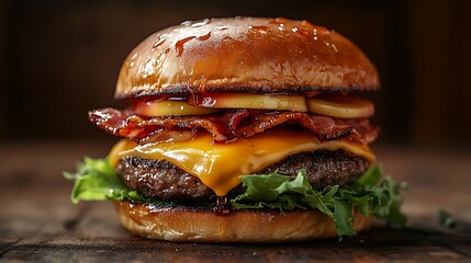 Elegant and refined studio photograph of a sweet-and-savory burger, featuring caramelized apples, crisp bacon, sharp cheese, beef patty, melted cheddar, lettuce leaves,
