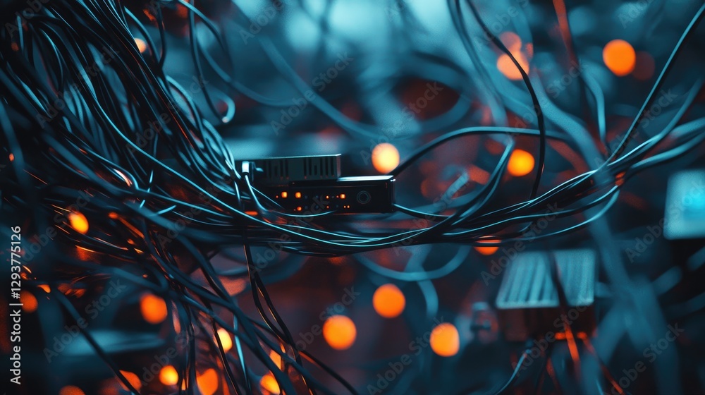 Aufkleber A close-up view of tangled network cables leading to a managed switch, set in a high-tech data center environment with advanced equipment and infrastructure