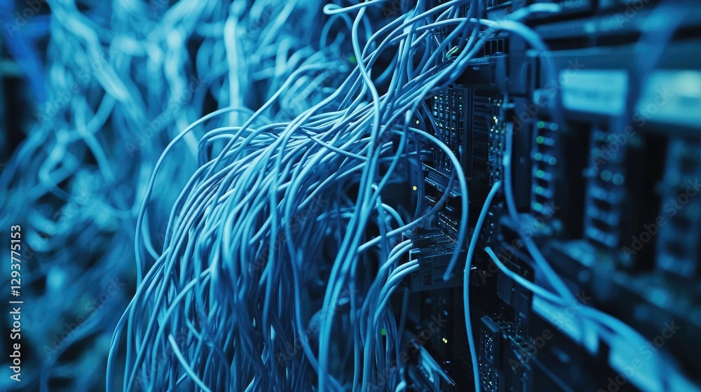 Poster A close-up view of tangled network cables leading to a managed switch, set in a high-tech data center environment with advanced equipment and infrastructure