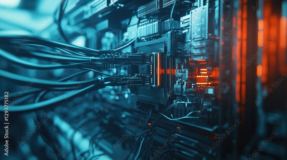Poster A close-up view of tangled network cables leading to a managed switch, set in a high-tech data center environment with advanced equipment and infrastructure