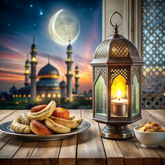 Ramadan Lantern, Sweets, and Mosque at Night Festive Islamic Design