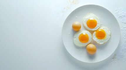 Fried eggs and whole eggs arranged on a white plate