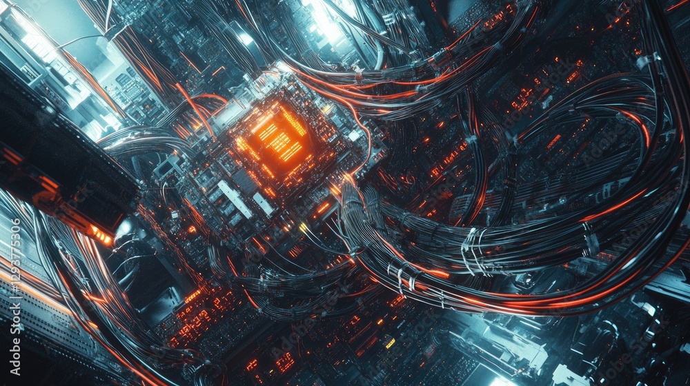 Poster A cluttered scene with network cables tangled around a managed switch in a modern data center, representing the intricate design of tech systems