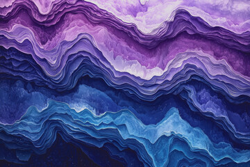 Landscape painting of a serene mountain range under a clear blue sky with lush green valleys