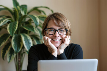Woman with glasses smiles in front of her laptop at a desk near a potted plant in natural daylight