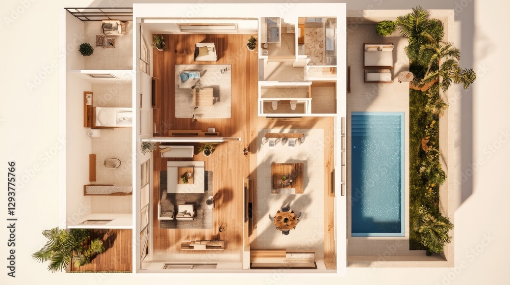 Poster a comprehensive 3d illustration of a house floor plan, viewed from above, providing a clear view of 