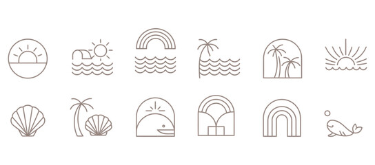 Bohemian Linear Logos and Icons Featuring Ocean, Sun, Seashells, and Palm Trees