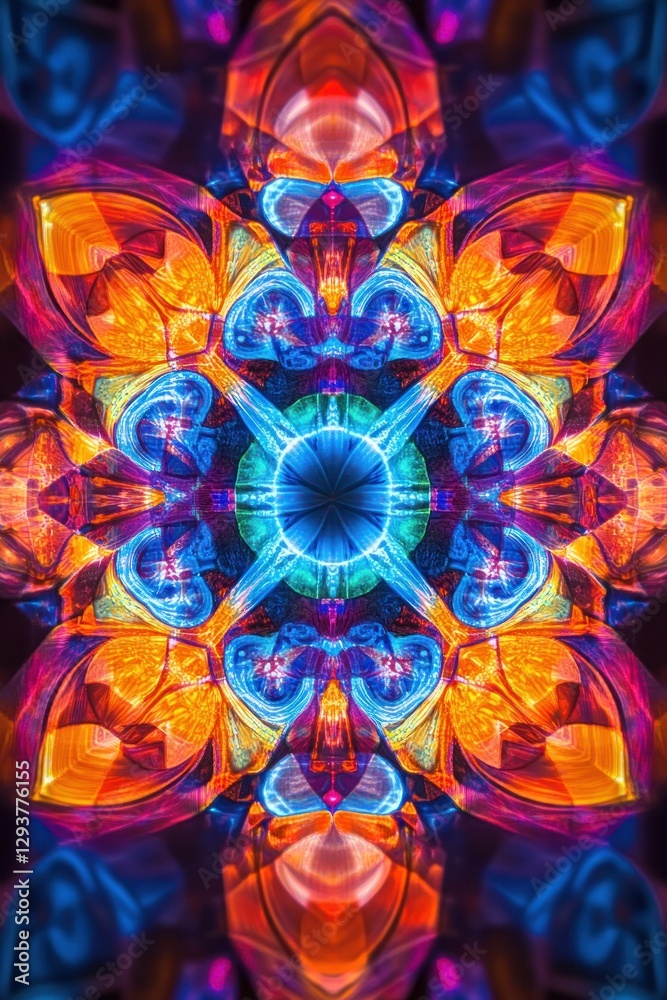 Poster a vibrant kaleidoscopic pattern featuring intricate shapes and vivid colors, creating a mesmerizing 