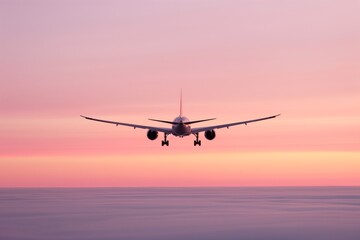 Obraz premium Private jet ascending into purple pink sunset sky 