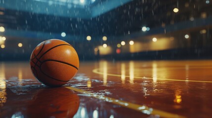 The Enigmatic Sphere: A Basketball Resting Amidst a Glimmering, Otherworldly Landscape of Light and Shadow