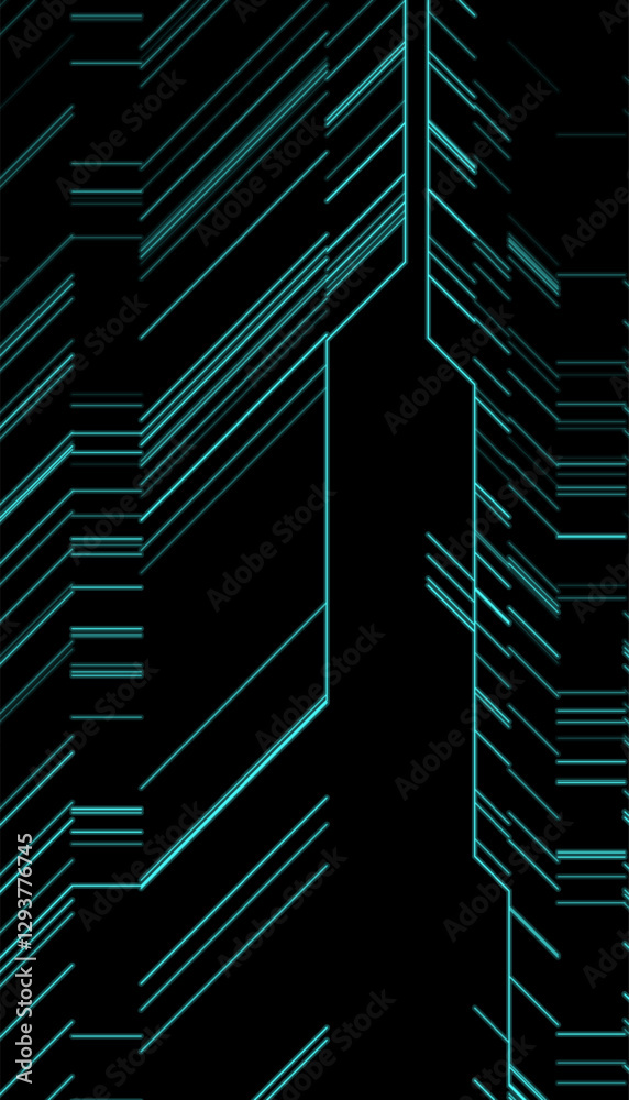 Wall mural blue minimal lines on black, futuristic technology abstract background. vector circuit board chip gr