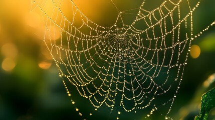 Macro shot of a dew-covered spider web highlights realistic strands and dew drops in soft golden morning light against a green background, offering an intricate close-up view of nature’s detail.