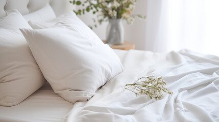 Literie, couette et oreiller. Linge de maison blanc, lit. Hôtellerie, chambre à coucher, intérieur. Fond pour conception et création graphique.