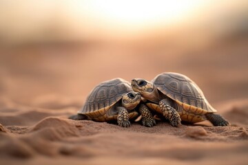 Little turtles holding each other, helping to find their way through the sandy desert. 