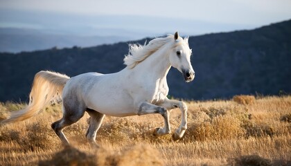 Obraz premium Energetic Gallop of a Majestic White Steed Amidst a Vibrant Meadow at Sunset, Radiating Power and Grace with Rays of Warmth and Serenity