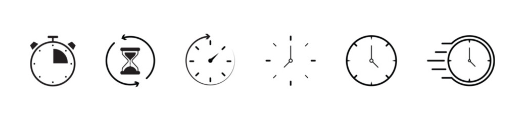 Time and clock icons set, stopwatch, timer, time management concept, progress bar loading signs, speed clock symbol, fast stopwatch line icon, watch icon
