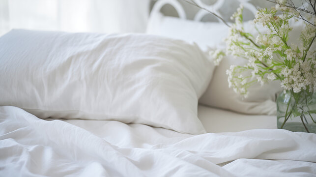 Literie, couette et oreiller. Linge de maison blanc, lit. H&ocirc;tellerie, chambre &agrave; coucher, int&eacute;rieur. Fond pour conception et cr&eacute;ation graphique.