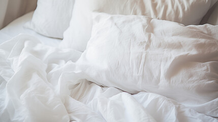 Obraz premium Literie, couette et oreiller. Linge de maison blanc, lit. Hôtellerie, chambre à coucher, intérieur. Fond pour conception et création graphique.