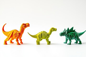 Fototapeta premium Colorful toy dinosaurs lined up, showcasing vibrant hues and pla