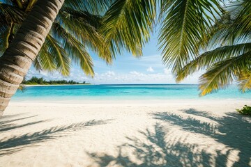 Fototapeta premium Tranquil beach scene with swaying palms and crystal-clear waters