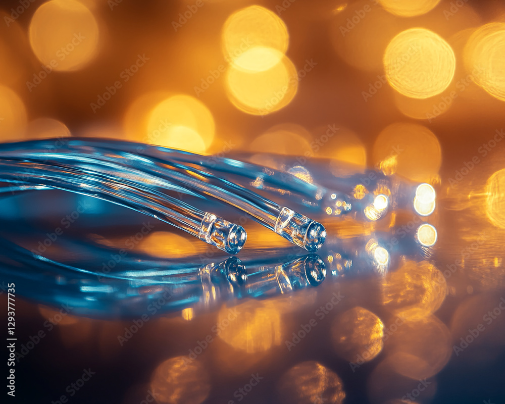 Poster Close-up of illuminated fiber optic cables with blurred bokeh lights in the background, symbolizing high-speed internet and modern communication technologies.