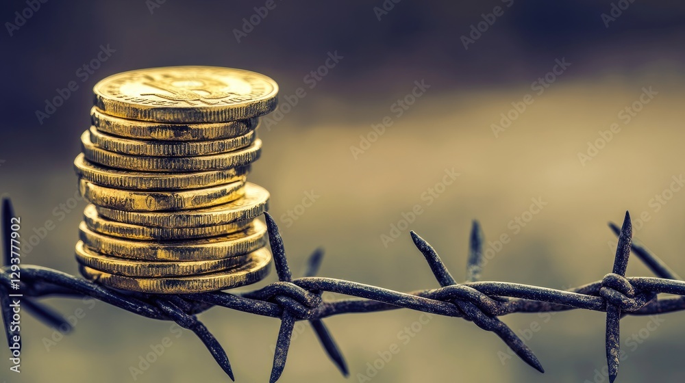 Poster A delicate stack of golden coins rests atop sharp barbed wire, symbolizing the fine line between wealth and risk in the financial world