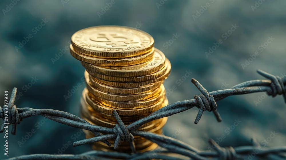 Aufkleber a delicate stack of golden coins rests atop sharp barbed wire, symbolizing the fine line between wea