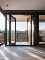 A room with open windows revealing a scenic outdoor landscape