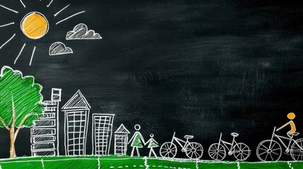 Chalk Drawing of a Happy Family and Cityscape on a Blackboard