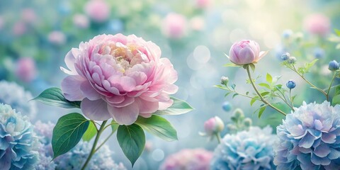 Obraz premium Soft Pink Peony Blooms amid Gentle Blue Flowers and Blurred Background