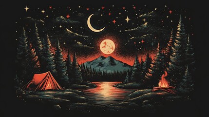 Night Camping Scene Under Full Moon