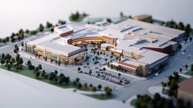 A detailed 3D maquette model showing a shopping mall expansion with added stores, dining, and entertainment areas