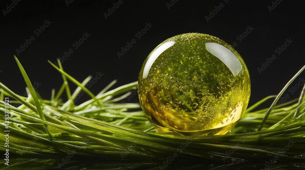 Poster a dewdrop rests on a green blade of grass, its spherical form perfectly reflecting nature's serene a