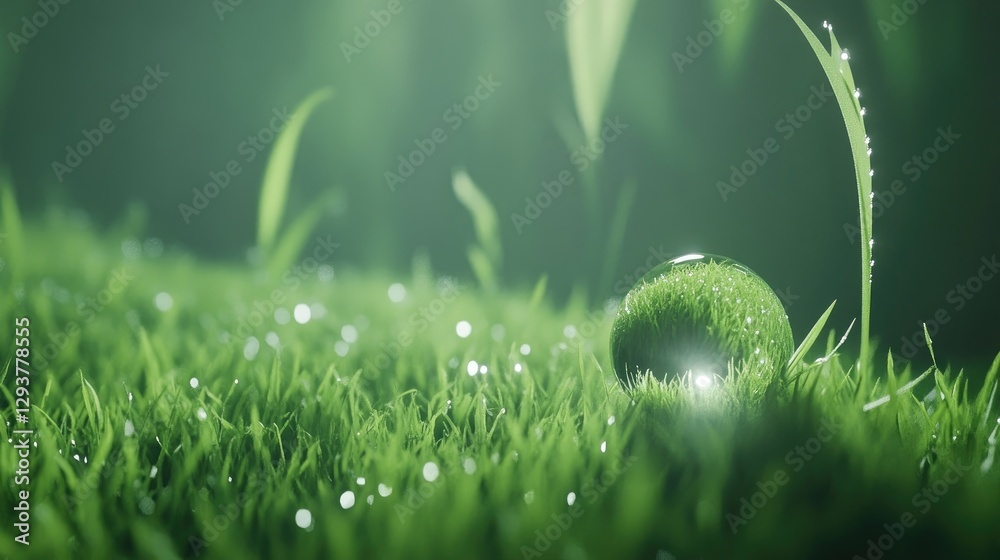Poster a dewdrop rests on a green blade of grass, its spherical form perfectly reflecting nature's serene a