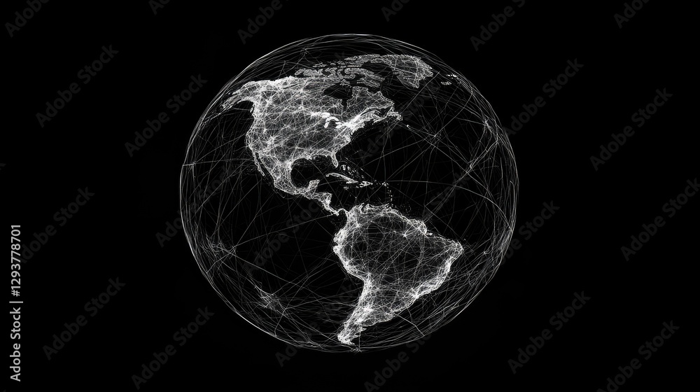 Poster A digitally connected globe surrounded by silhouettes, representing the global flow of information and the advancement of networking technology