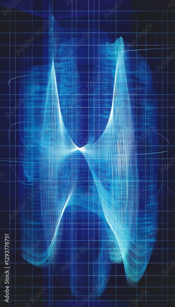 Poster abstract cyan pulse wave pattern on navy grid, glowing line, futuristic data flow visualization