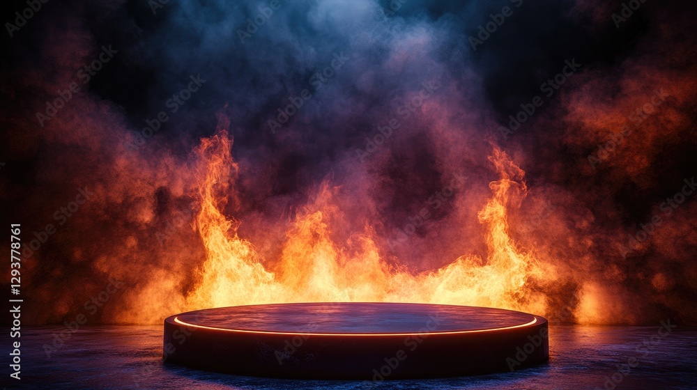 Poster A dramatic round podium illuminated by fire flames in a dark environment, creating an intense and futuristic visual for high-energy presentations