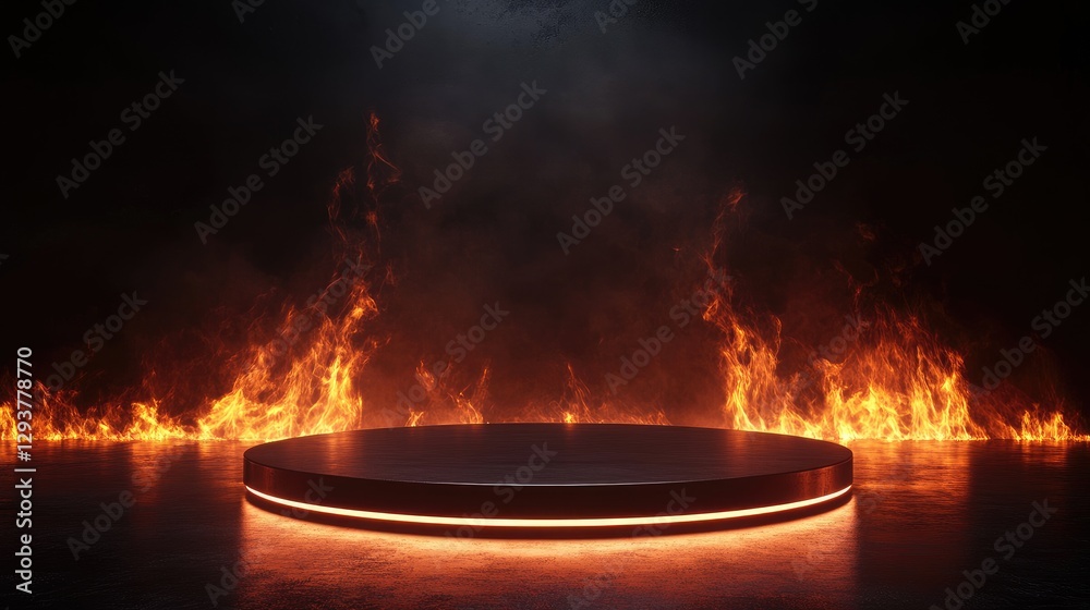 Poster a dramatic round podium illuminated by fire flames in a dark environment, creating an intense and fu