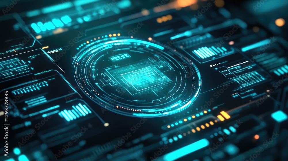 Aufkleber A dynamic and glowing blue and green HUD interface with futuristic data visualizations and digital symbols, representing the cutting-edge of technology