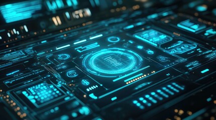 Fototapeta premium A dynamic and glowing blue and green HUD interface with futuristic data visualizations and digital symbols, representing the cutting-edge of technology