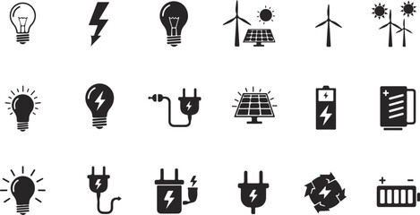Vector Icon Set - Energy Symbols, Electricity Icons, Renewable Power, Sustainability, Minimalist Design
