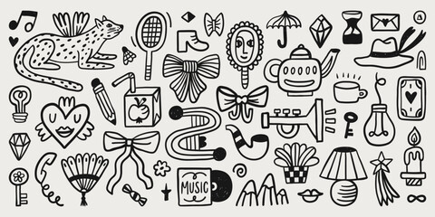 Cute doodle cartoon characters and abstract elements. Hand-drawn vector set. Illustration elements for decor, pattern, poster, card or sticker design.